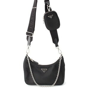 Prada Re Edition Re Chain Triangle Logo Plate Shoulder Bag Black